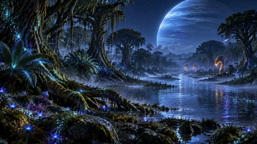 A river delta of early Pandora; Taktswìkyu glow far up the river