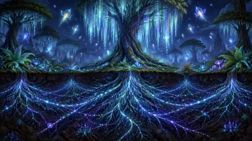 Eywa’s network: glowing roots link every tree beneath the forest floor, while seeds of the sacred tree drift above