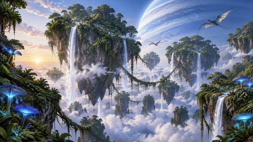 The Hallelujah Mountains: forest-topped islands of rock float above the clouds, with waterfalls pouring off their edges