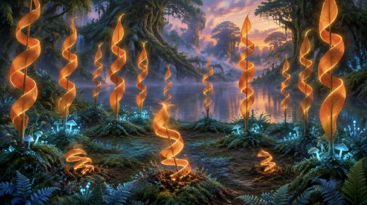 A grove of loreyu glows on the riverbank at dusk; in front, a few coil down into the ground