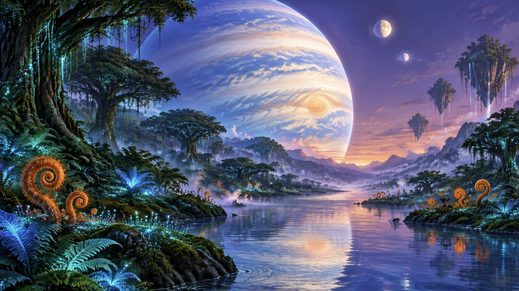 Polyphemus, the great eye, rises over a glowing river forest on Pandora, with two of its smaller moons in the sky